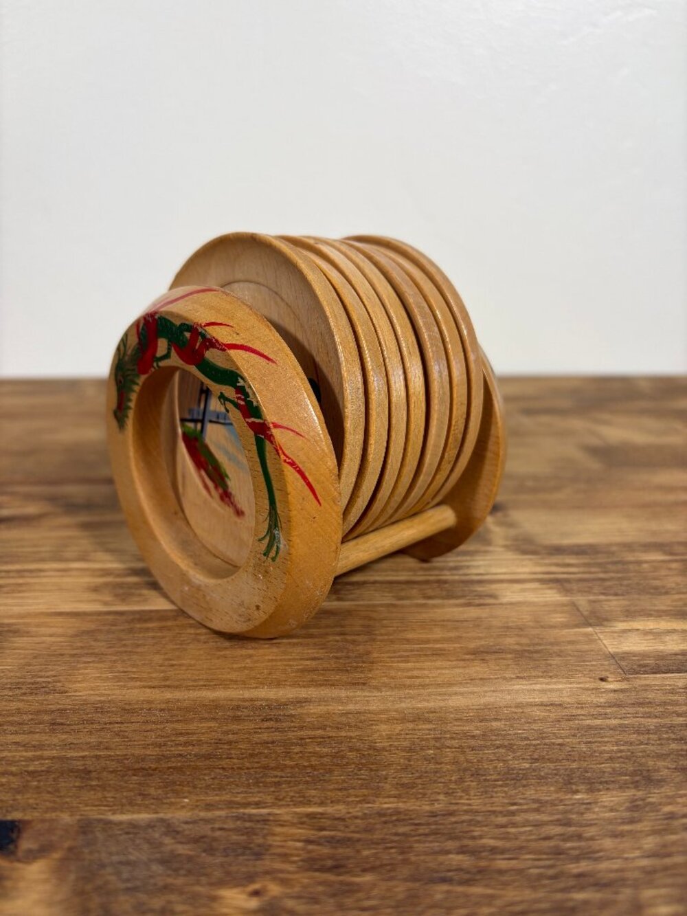 Vintage~ 7 Round Wooden Coasters with Holder~Japan